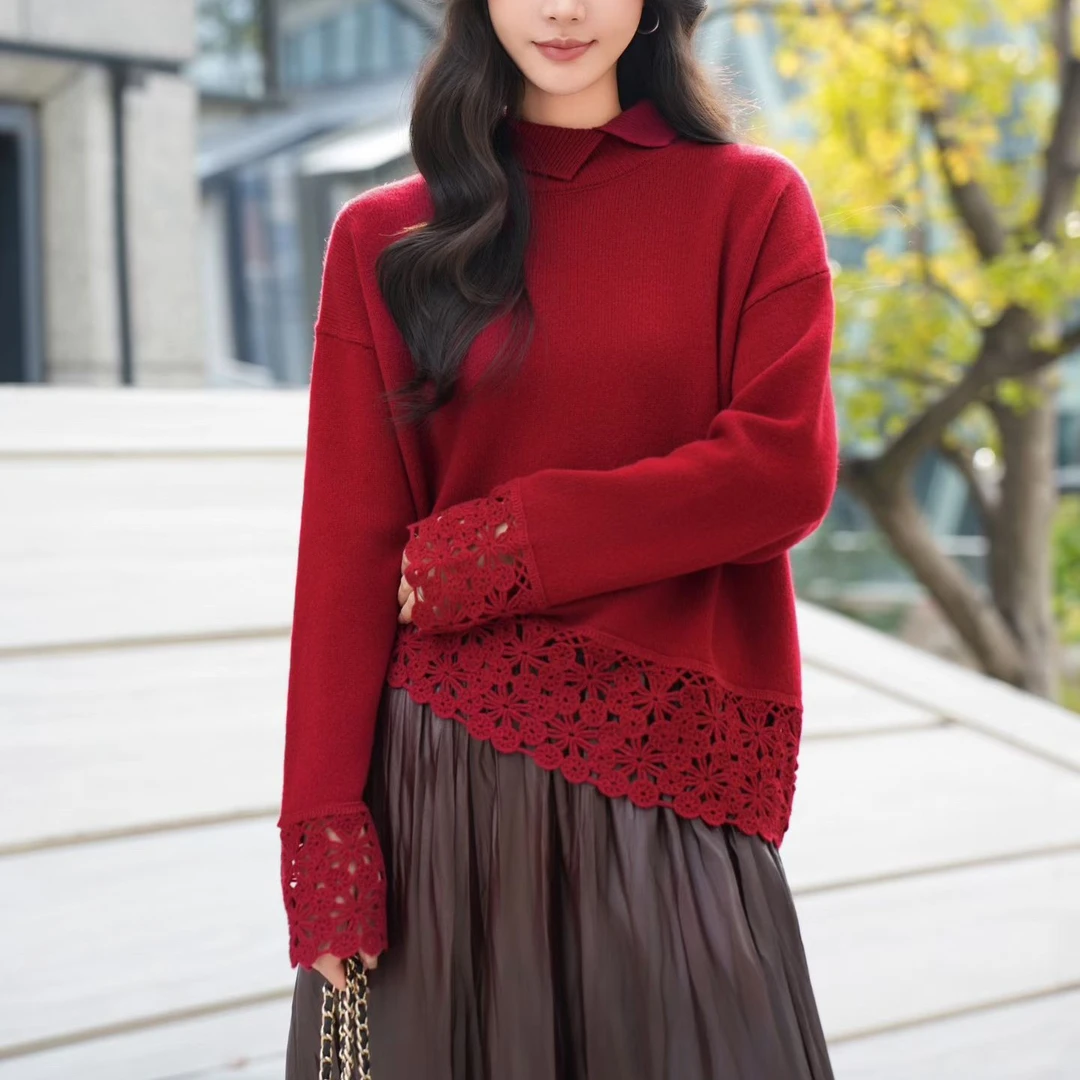 #8043秋冬新款手工钩花镂空袖口不规则翻领长袖全羊毛针织衫百搭