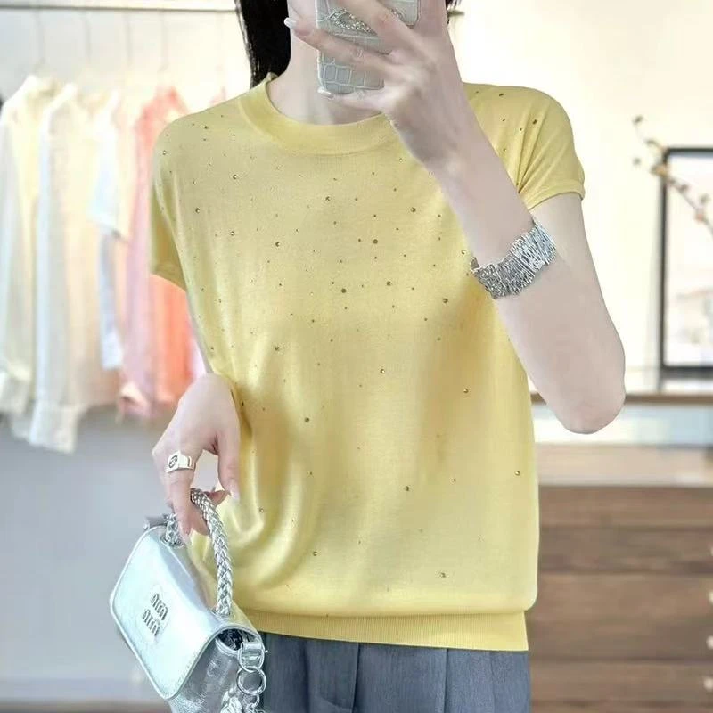 【张金】洋气百搭气质减龄宽松春夏烫钻上衣桑蚕丝T恤