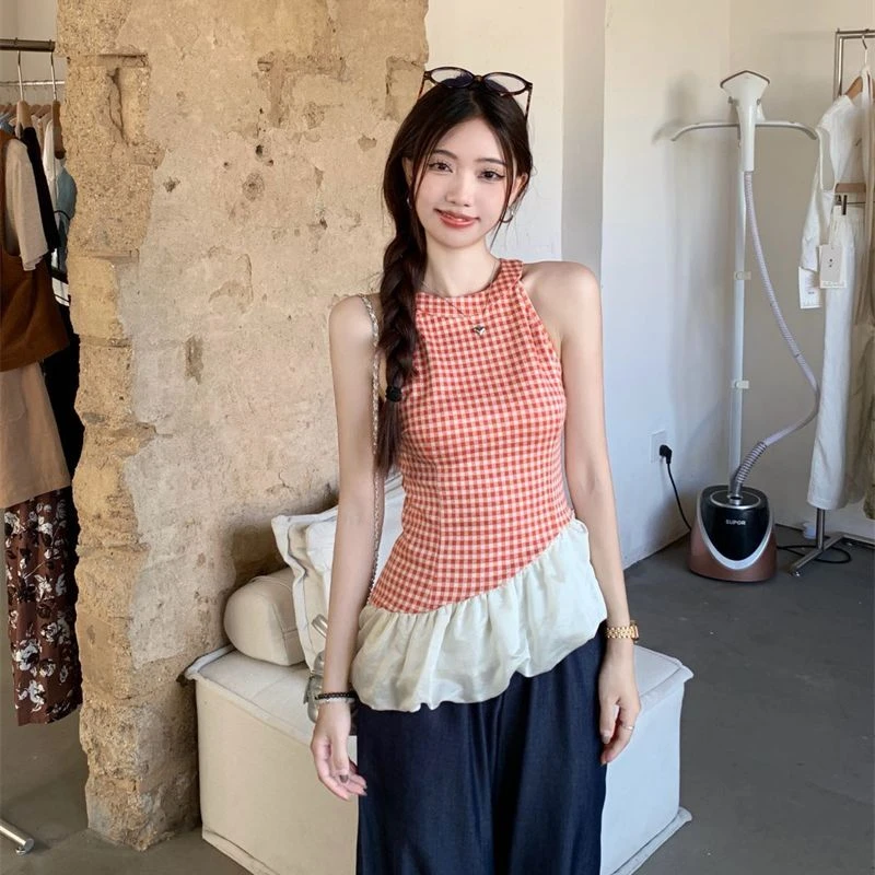 夏季新款格子挂脖背心chic辣妹修身无袖拼接设计感不规则吊带上衣