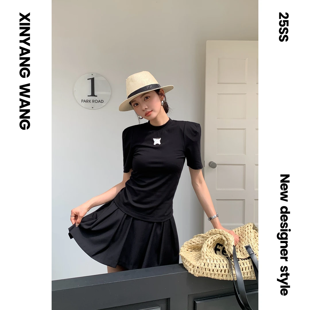 XYW2025夏季新款显瘦黑色A字百搭半身西装百褶裙X20250504