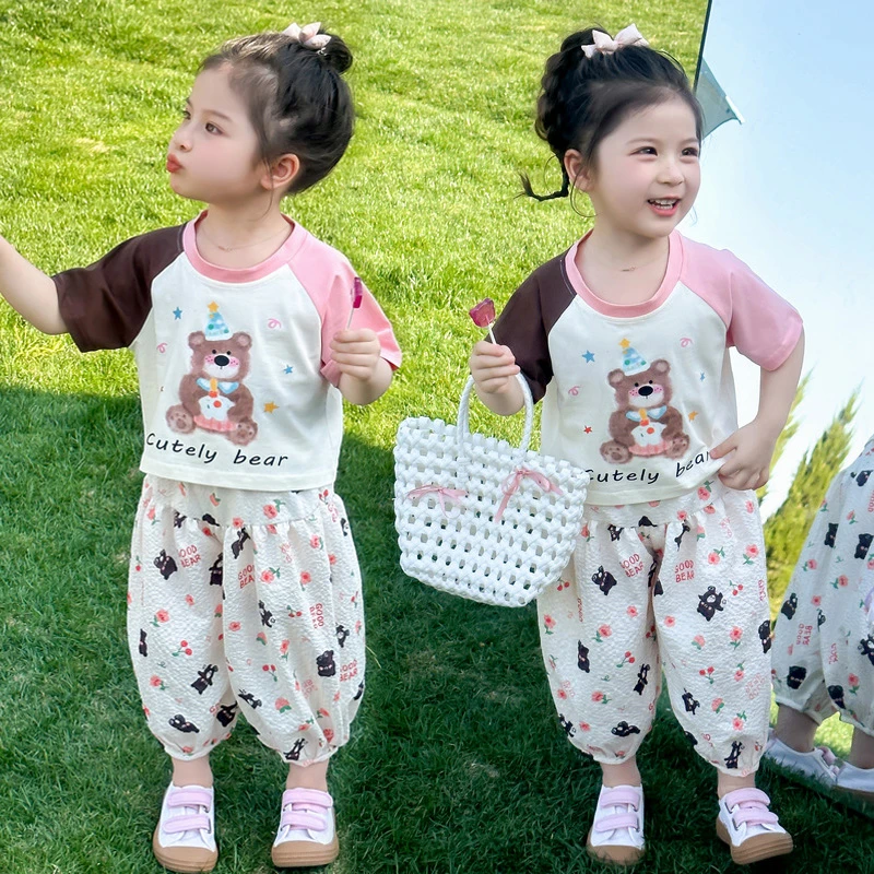 女童夏装短袖套装2025新款儿童卡通T恤防蚊裤两件套宝宝夏季衣服