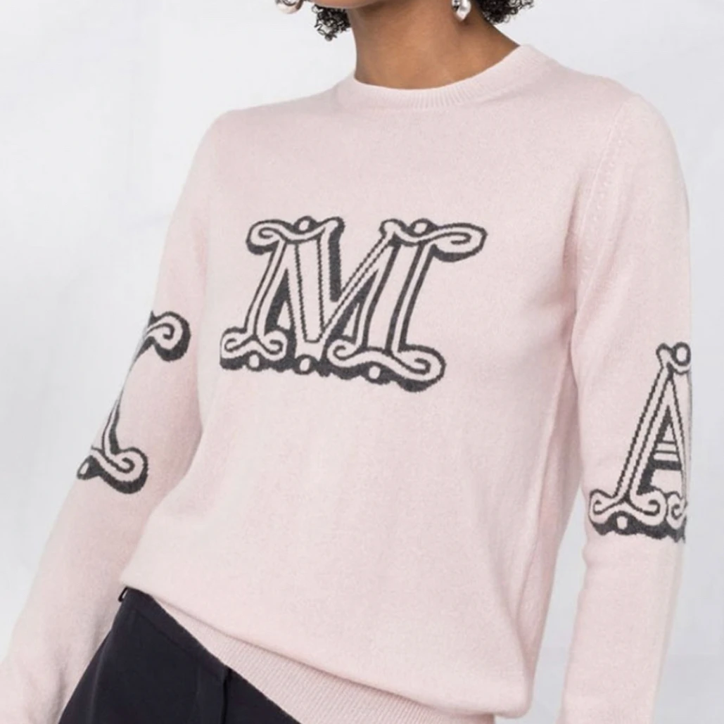 99新 MaxMara logo印花休闲圆领毛衣粉色/M码/B02074