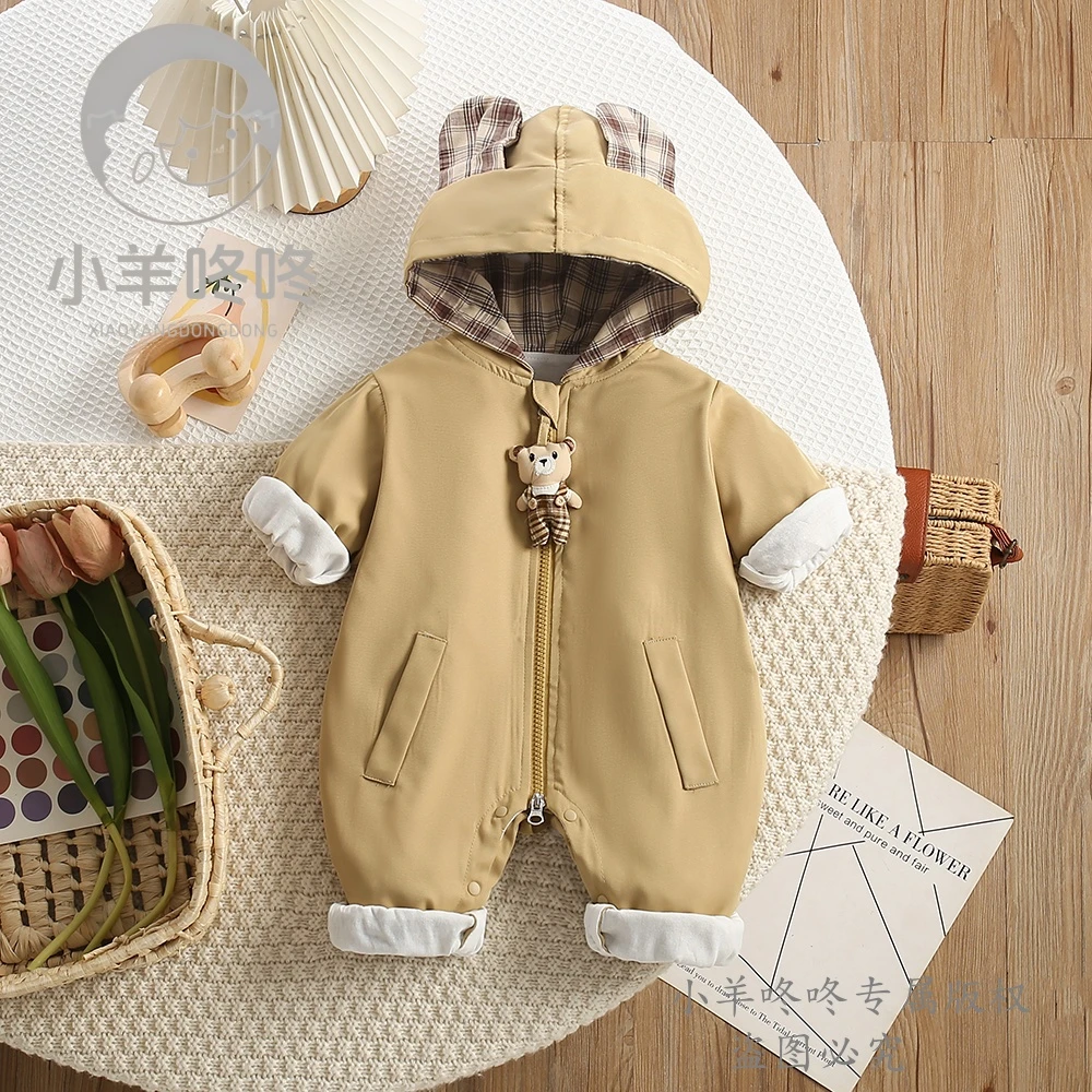 春秋款萌熊伴行哈衣男女宝格子连帽卡通拉链婴幼儿连体衣爬爬服服