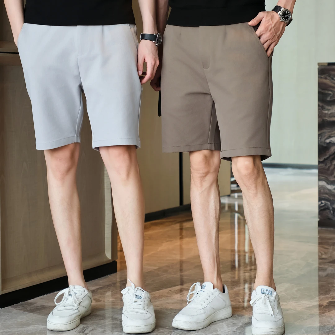 【bing哥哥】纯色净版纽扣松紧腰五分裤夏季男士新款商务休闲短裤