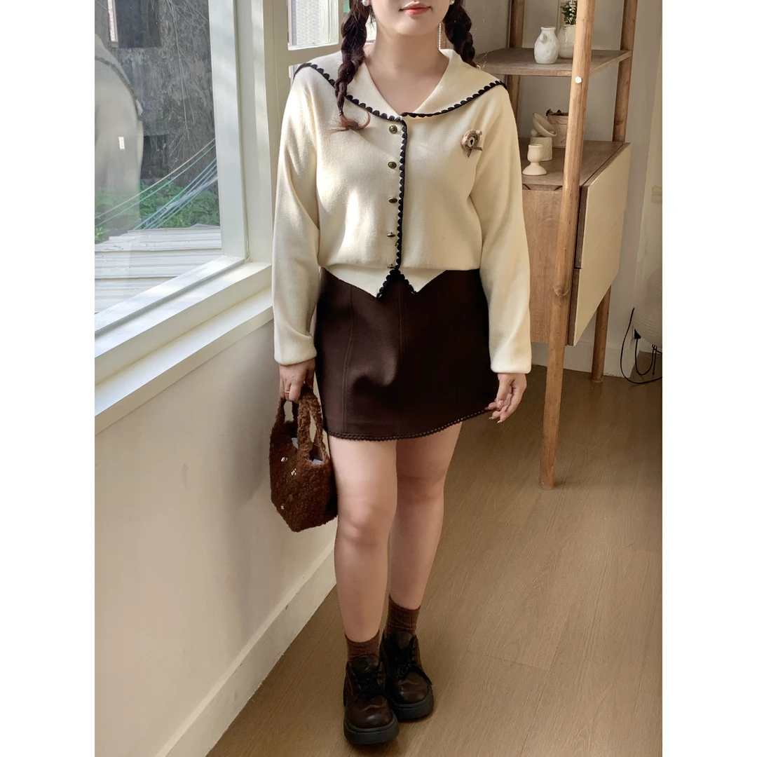 青苍【热巧克力】大头婷微胖定制秋季半身裙高腰花边A字裙短裙