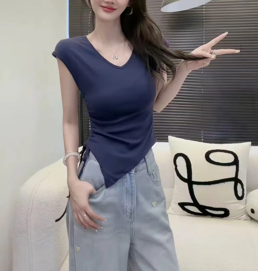 #129辣妹不规则侧边抽绳收腰显瘦V领夏季纯欲飞飞袖后背纽扣T恤女