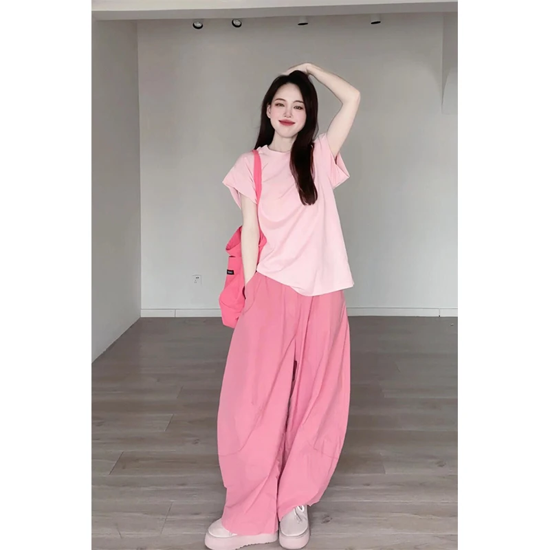 夏日多巴胺一整套T恤阔腿裤两件套慵懒风俏皮活泼减龄套装小个子