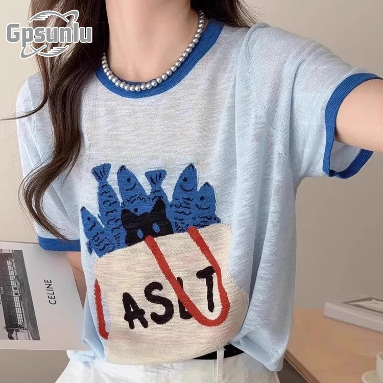 gpsunlu韩系蓝色薄款白色短袖恤女夏季超好韩系白色长袖短款T恤