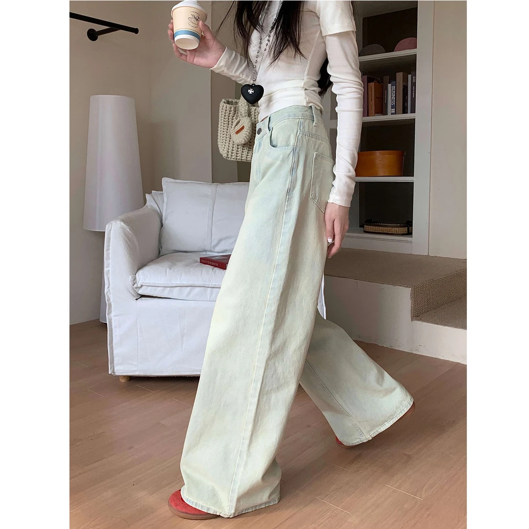 浅色复古阔腿水洗小个子牛仔裤直筒新款高腰显瘦宽松裤子拖地长裤