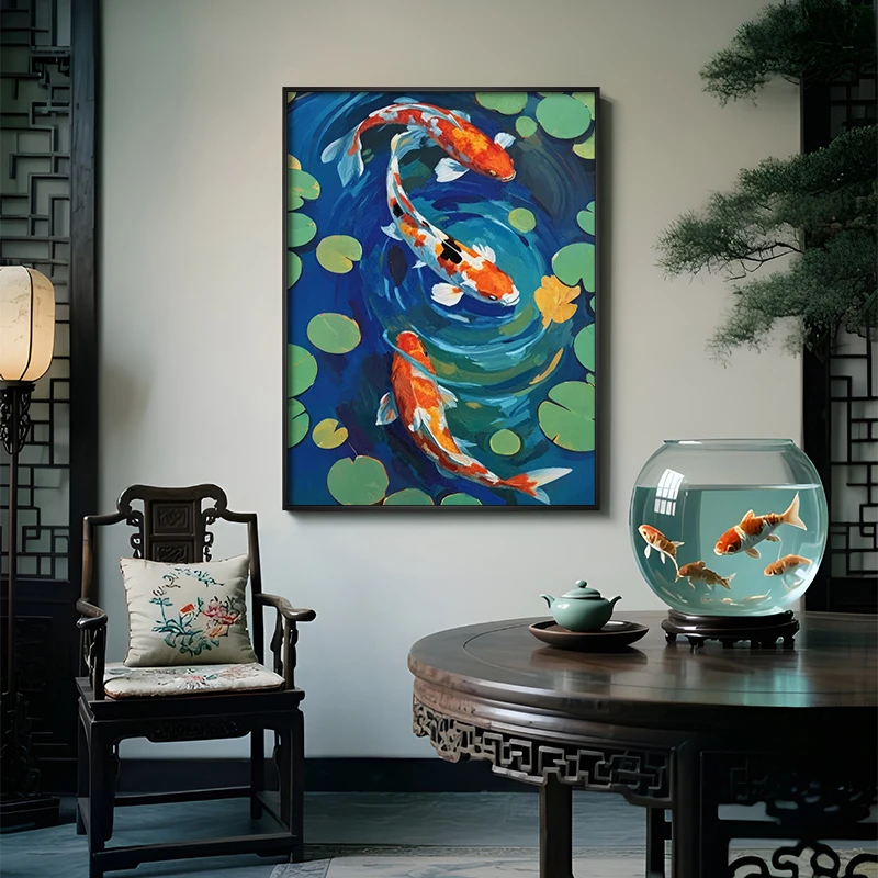 【鱼戏莲叶间】手工肌理油画锦鲤新中式客厅盈浩装饰画餐厅过道挂画