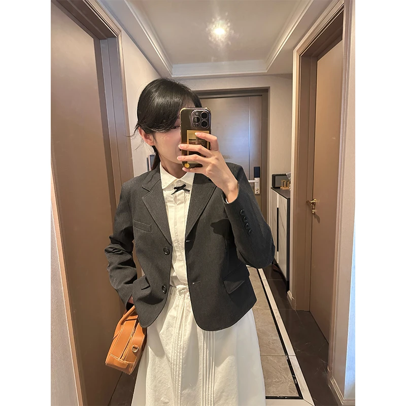 韩版灰色短款西装女2025春秋新款小个子外套