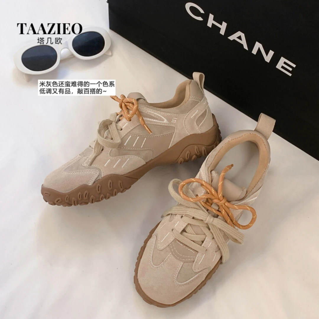 TAAZIEO超软牛皮小众复古厚底休闲鞋女新鸳鸯鞋带低帮运动德训鞋