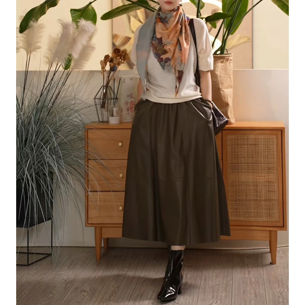 X【叭哒不惑】吹晚风 羊皮高腰皮裙半身裙松紧腰百搭显瘦中长款