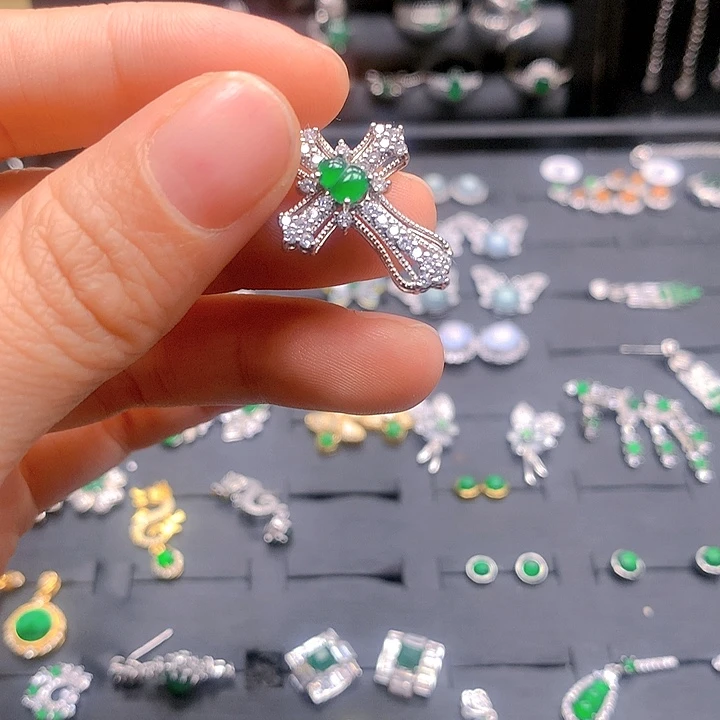 翡翠戒指银S925镶嵌穿****步套