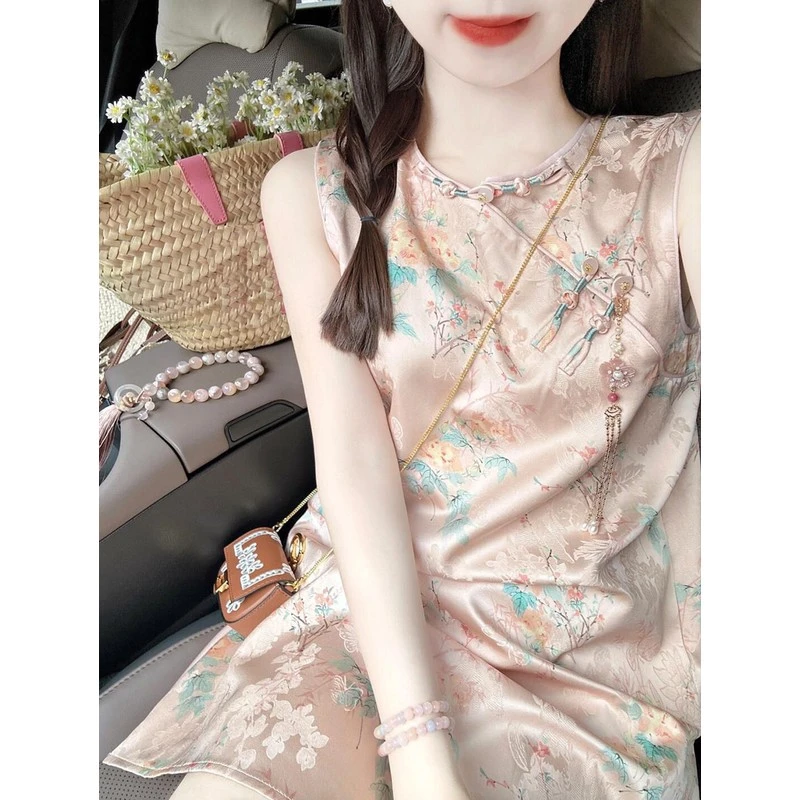 国风新中式无袖背心连衣裙女装夏季微胖气质改良旗袍风情万种裙子