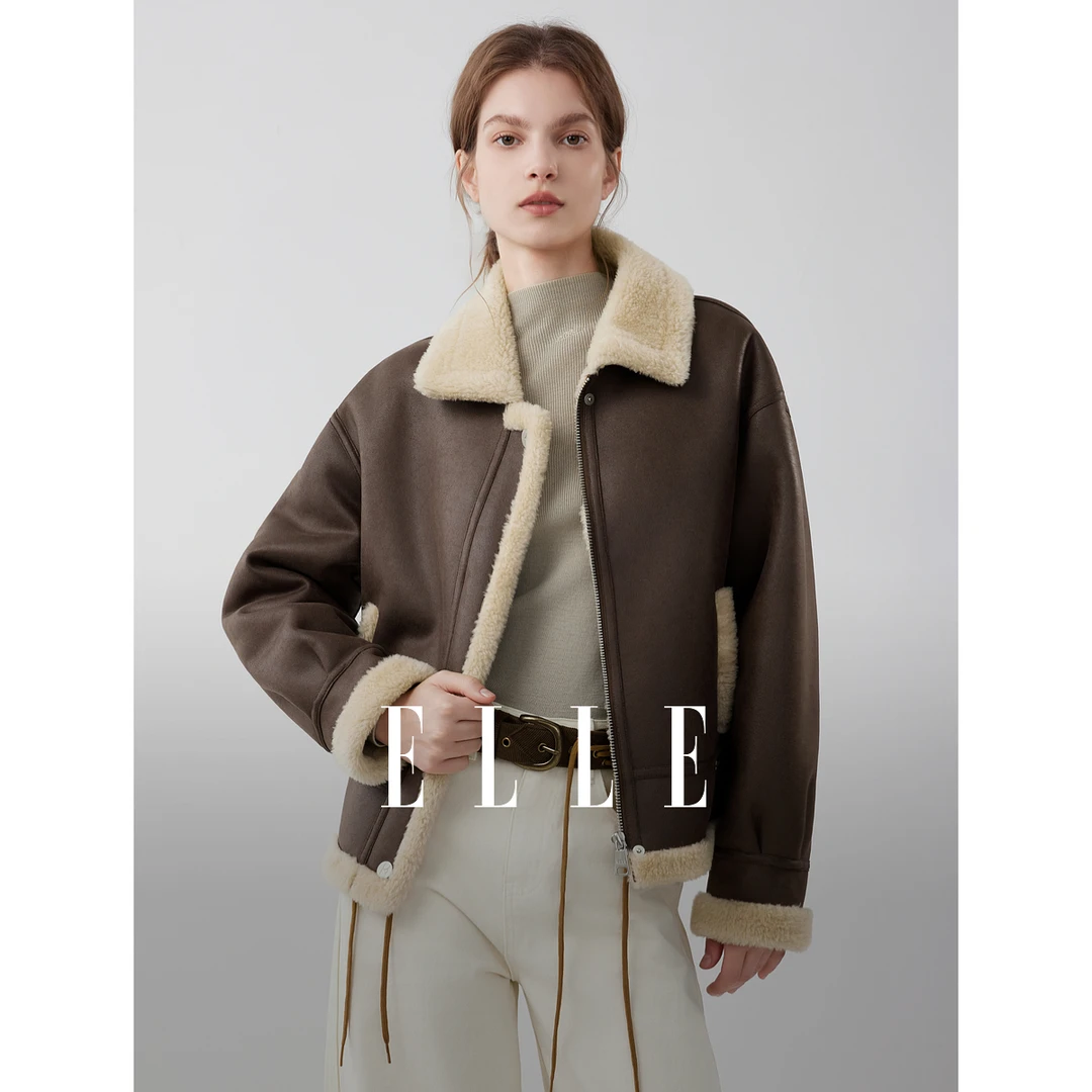 ELLE女装咖色麂皮绒毛绒短外套2025冬季新款羊羔毛上衣EF52669