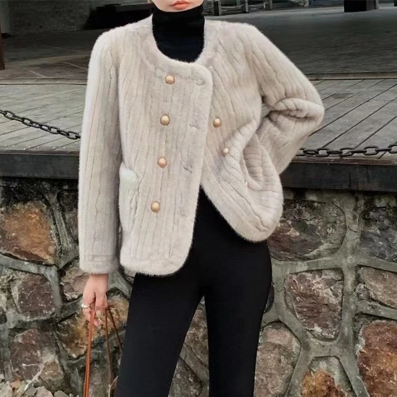 【竖纹皮毛】新款毛毛外套女圆领双排扣仿水貂毛竖纹皮草秋冬