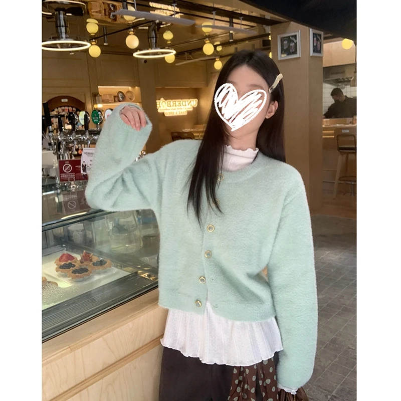韩系清新~水绿色毛茸茸针织毛衣开衫波点打底T恤时尚套装