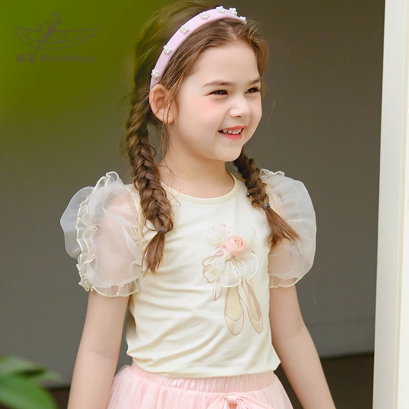 船鼠童装女童t恤短袖网纱泡泡袖夏季 洋气花朵女宝宝上衣儿童夏装