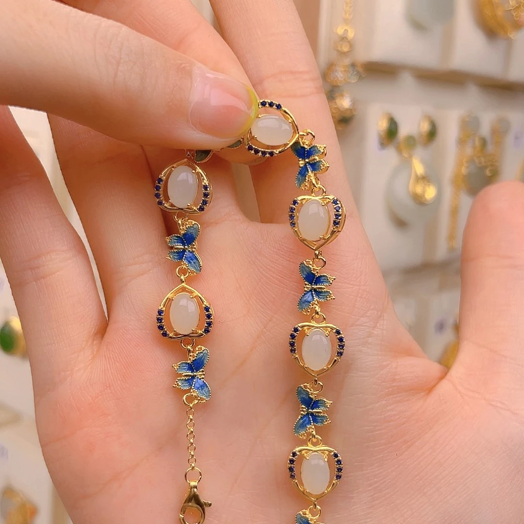 和田玉手链银S925镀金镶嵌