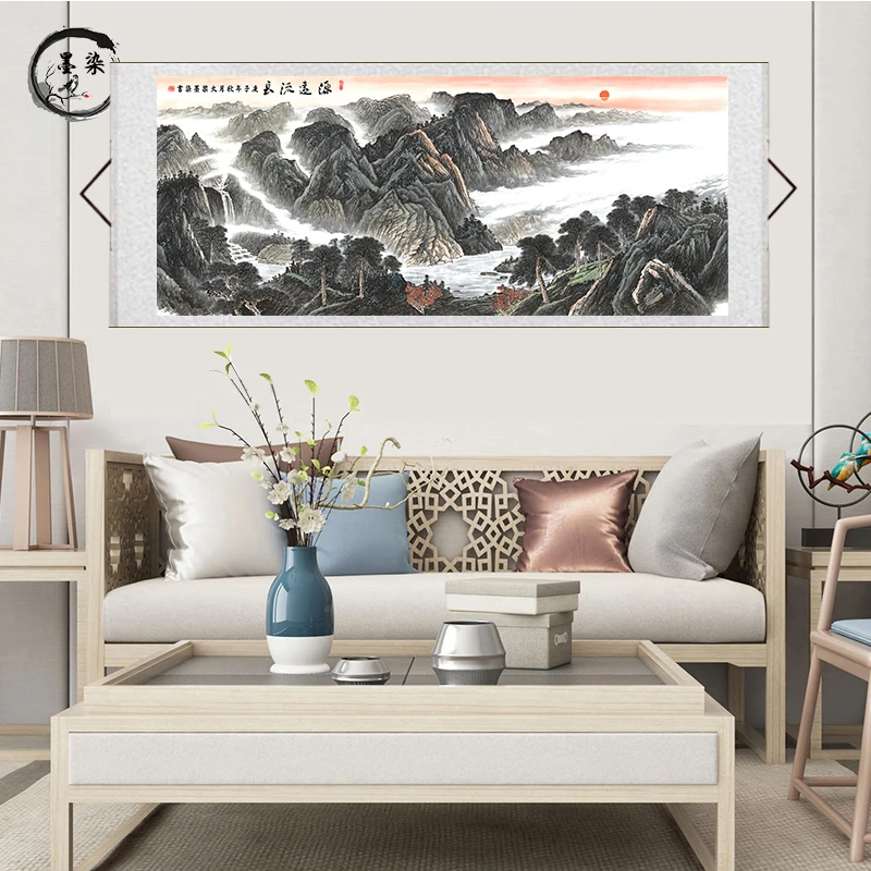 《源远流长》旭日祥云款横轴山水靠山图装裱茶室办公室客厅装饰画D6