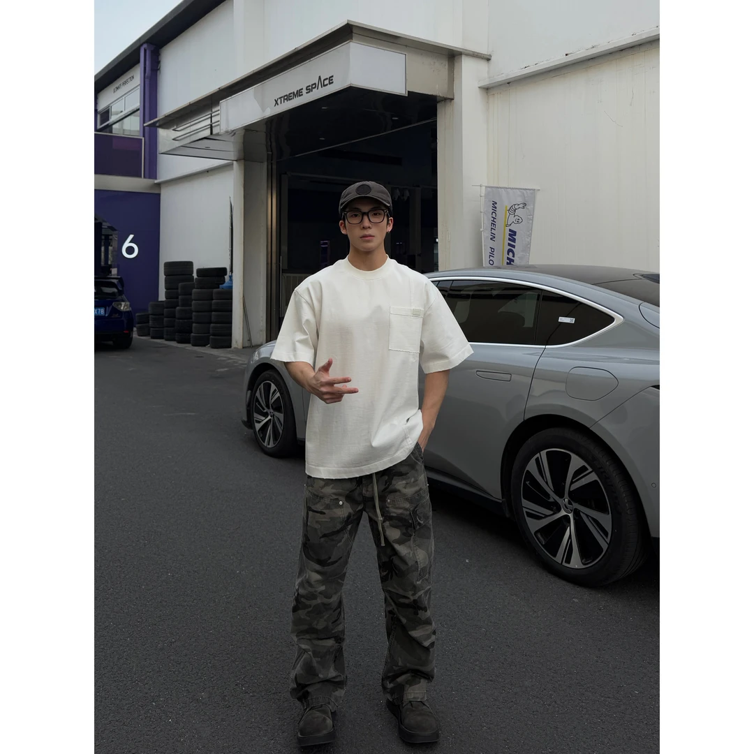 2025夏季口袋短袖t恤男复古简约纯棉白色T打底衫上衣情侣款