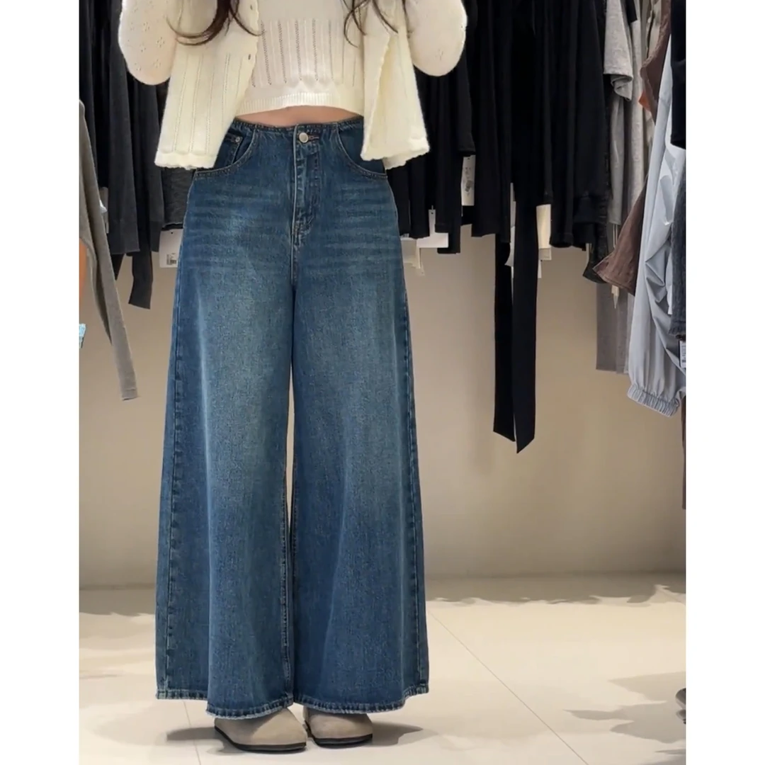 复古牛仔裤女遮胯阔腿裤秋季2025新款梨型身材高腰显瘦宽松喇叭裤