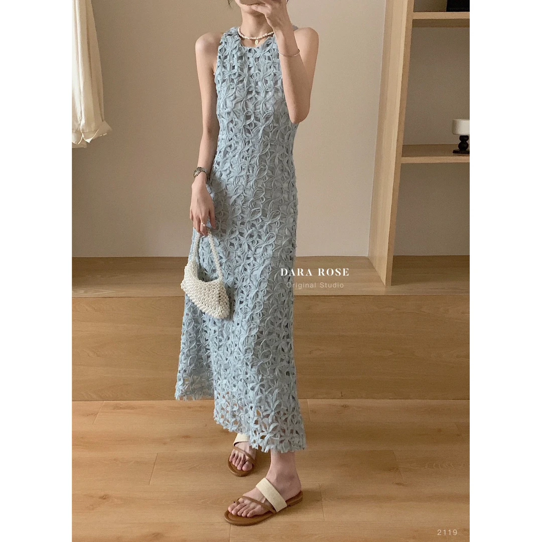 镂空设计感蓝色连衣裙女装春季小个子法式感气质显瘦背心长裙