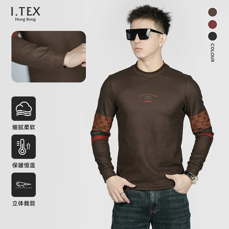 【I.TEX】 秋冬季时尚复古老花卫衣男士个性刺绣修身圆领保暖打底衫