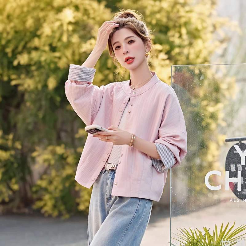 格纹拼接圆领外套女春秋2025新款小个子棒球服休闲宽松夹克短上衣