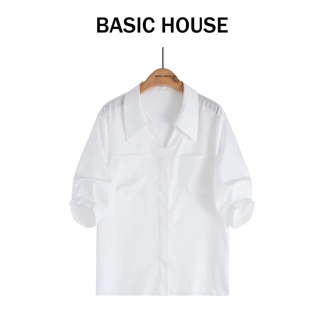 Basic House/百家好小众白色短袖轻奢短款显瘦衬衫B1335B5FS22-2