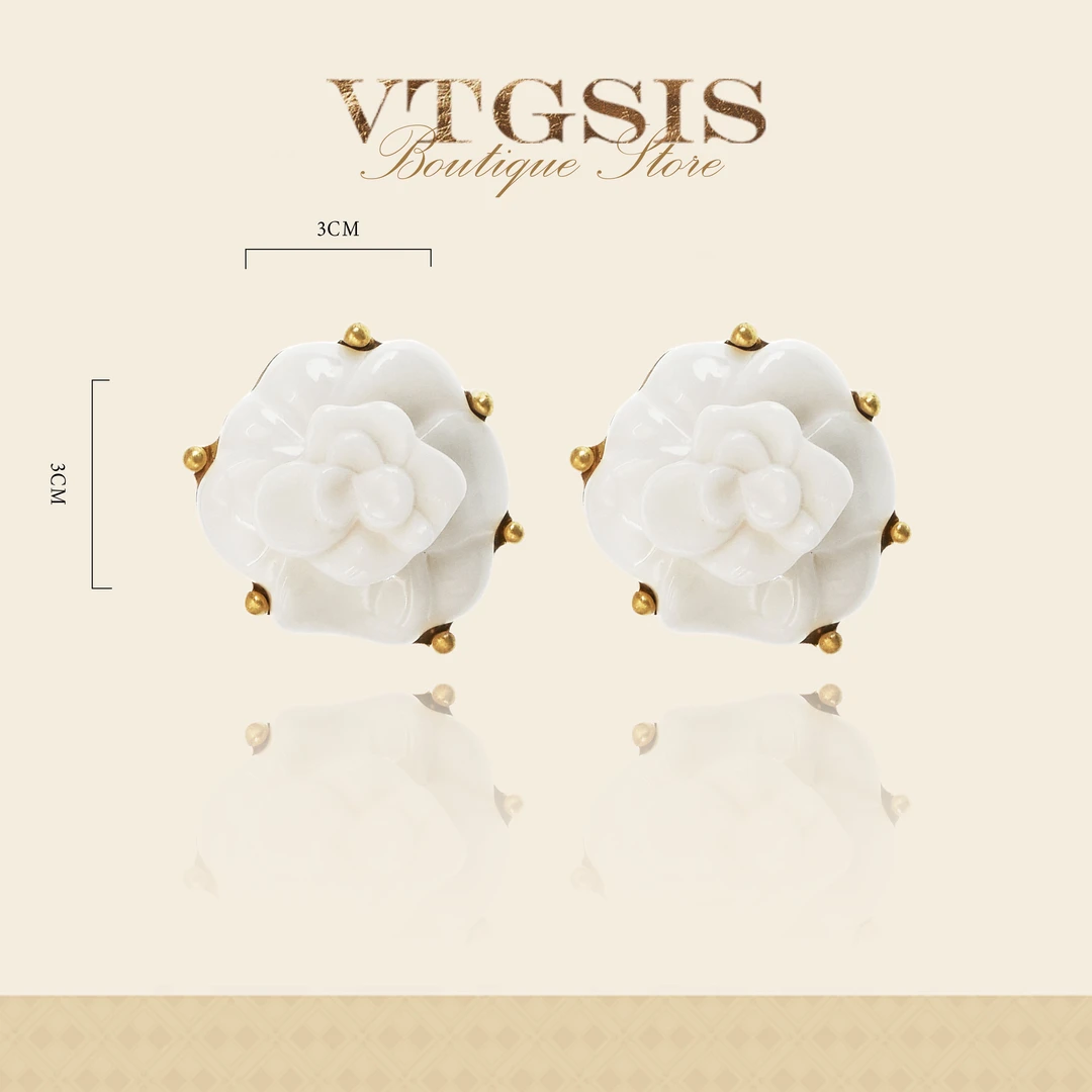 VTGSIS 合金树脂耳饰 香榭丽舍白山茶流金耳夹22484