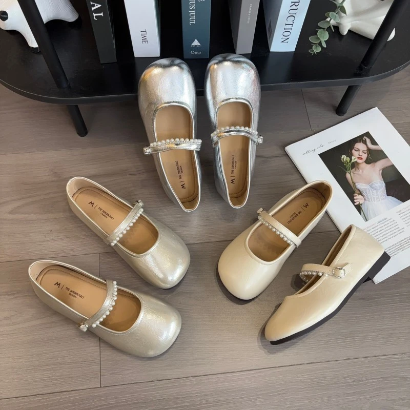 平底单鞋女2025新款夏季法式软皮软底珍珠玛丽珍小皮鞋浅口通勤鞋