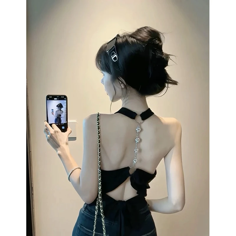 美背狙击 辣妹穿搭挂脖绑带设计性感露背吊带修身无袖纯欲短上衣