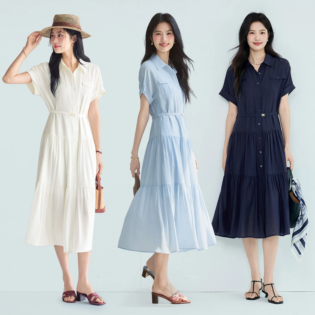 伊芙丽醋酸腰带收腰蛋糕A摆通勤衬衫式连衣裙女2025夏装1G5993351