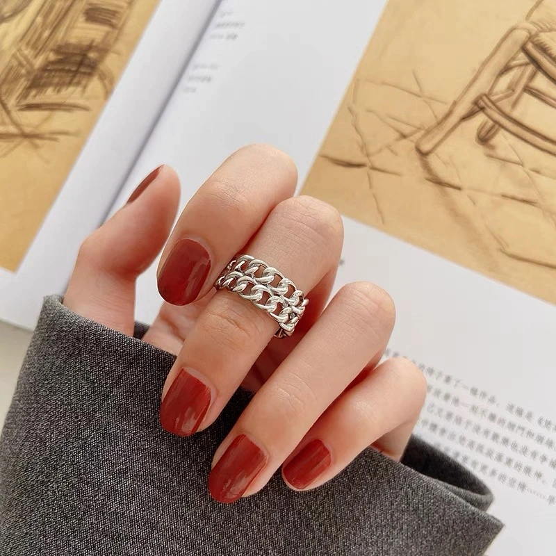 钛钢戒指 1185法式不掉色冷淡风麻花网状镂空链条开口复古戒指