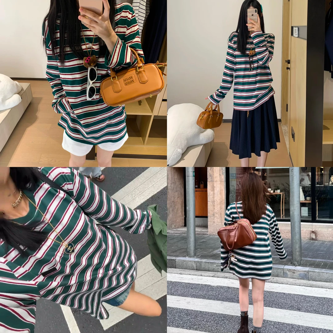 「QX高定」明星同款撞色条纹随性宽松长袖T恤
