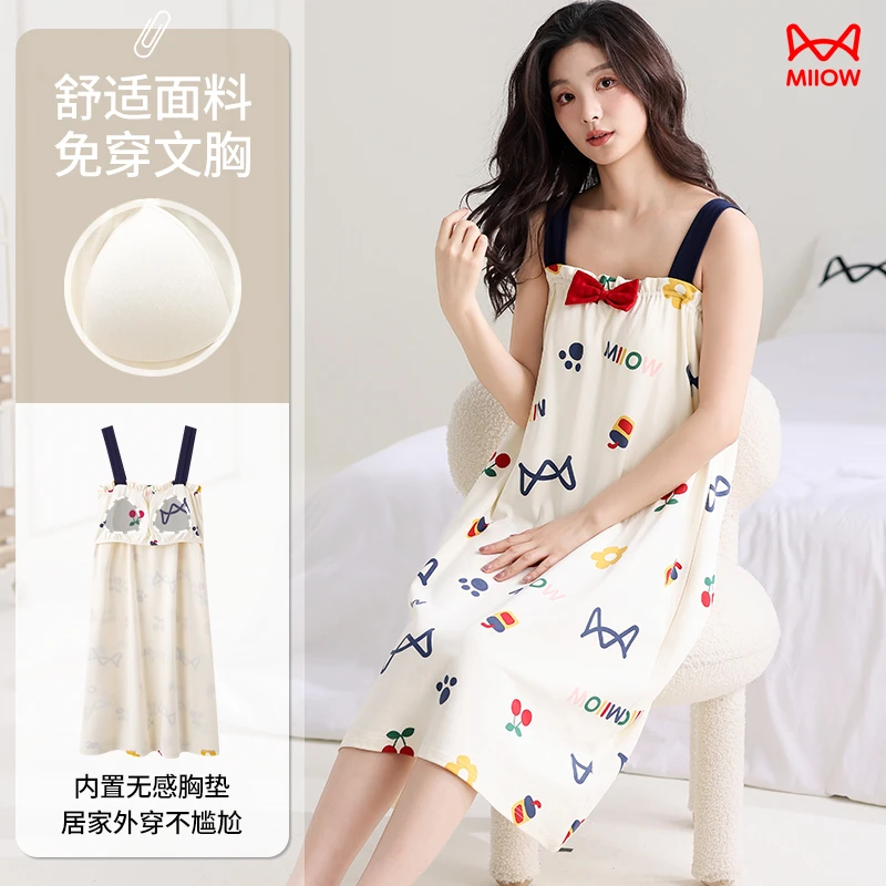 猫人女士夏季纯棉带胸垫吊带睡裙2025夏季新款休闲可外穿波点睡衣