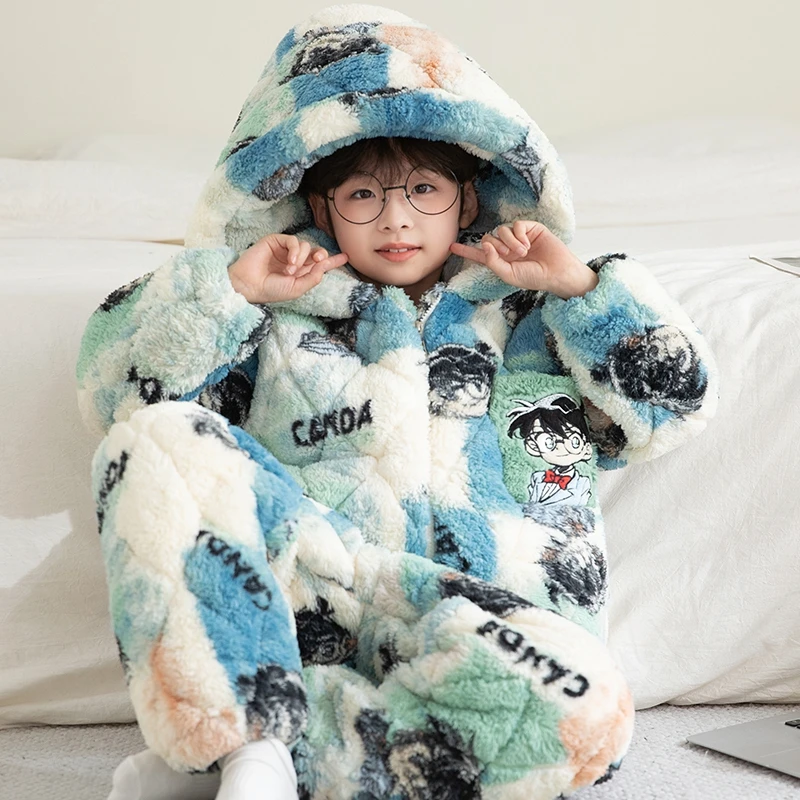 保暖锁温连帽冬季儿童睡衣中大童三层夹棉加厚加绒家居服套装男童