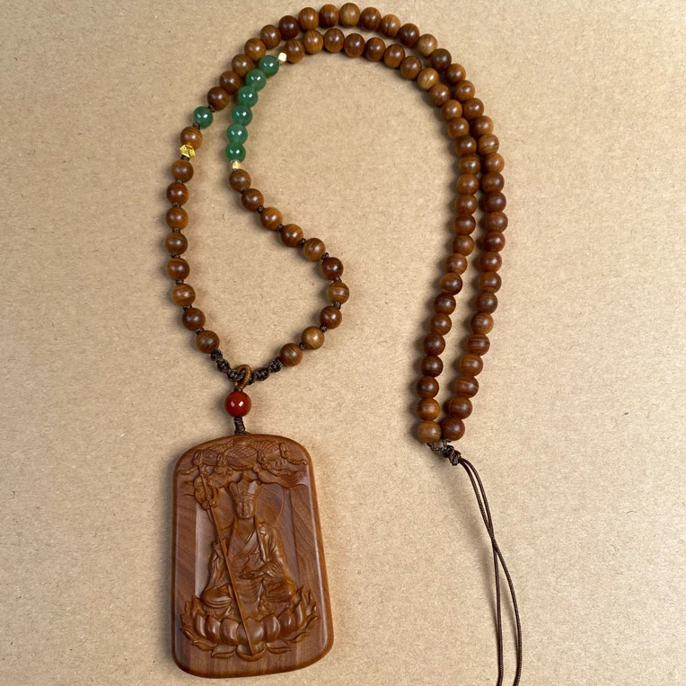 老山檀香地藏王菩萨平安无事牌0.6*78颗双面雕刻八大守护檀绳挂饰