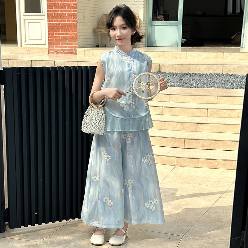 女童宽松裙裤套装时尚2025夏季新款中大童刺绣宽腿两件套清新凉快