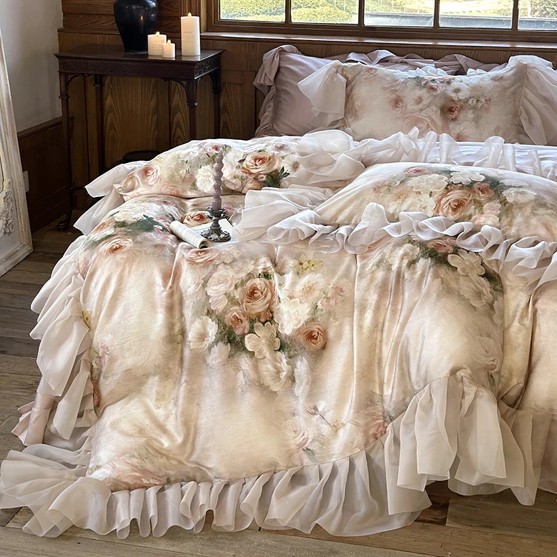 诺曼庄园法式复古莫奈油画中古风大花边天丝棉高档双面四件套床品