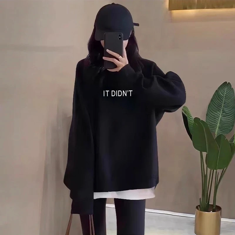 假两件圆领卫衣女2026秋冬新款宽松中长款遮屁股加绒加厚拼接上衣