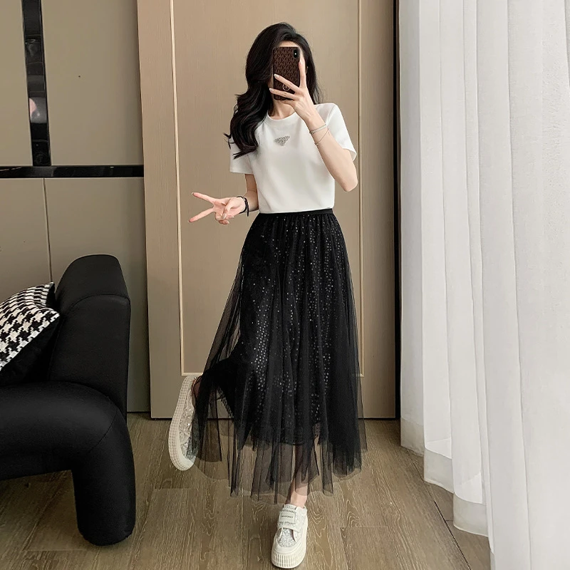 高腰时尚春秋季中长款套装显瘦气质洋气不规则百褶裙A字网纱裙套