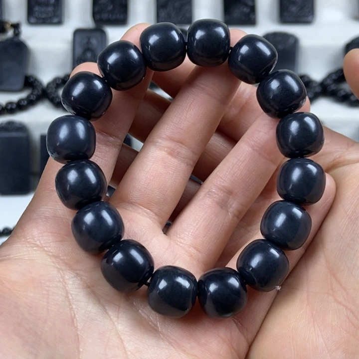 和田玉（墨玉）未镶嵌手串卡14老型灰调体验价