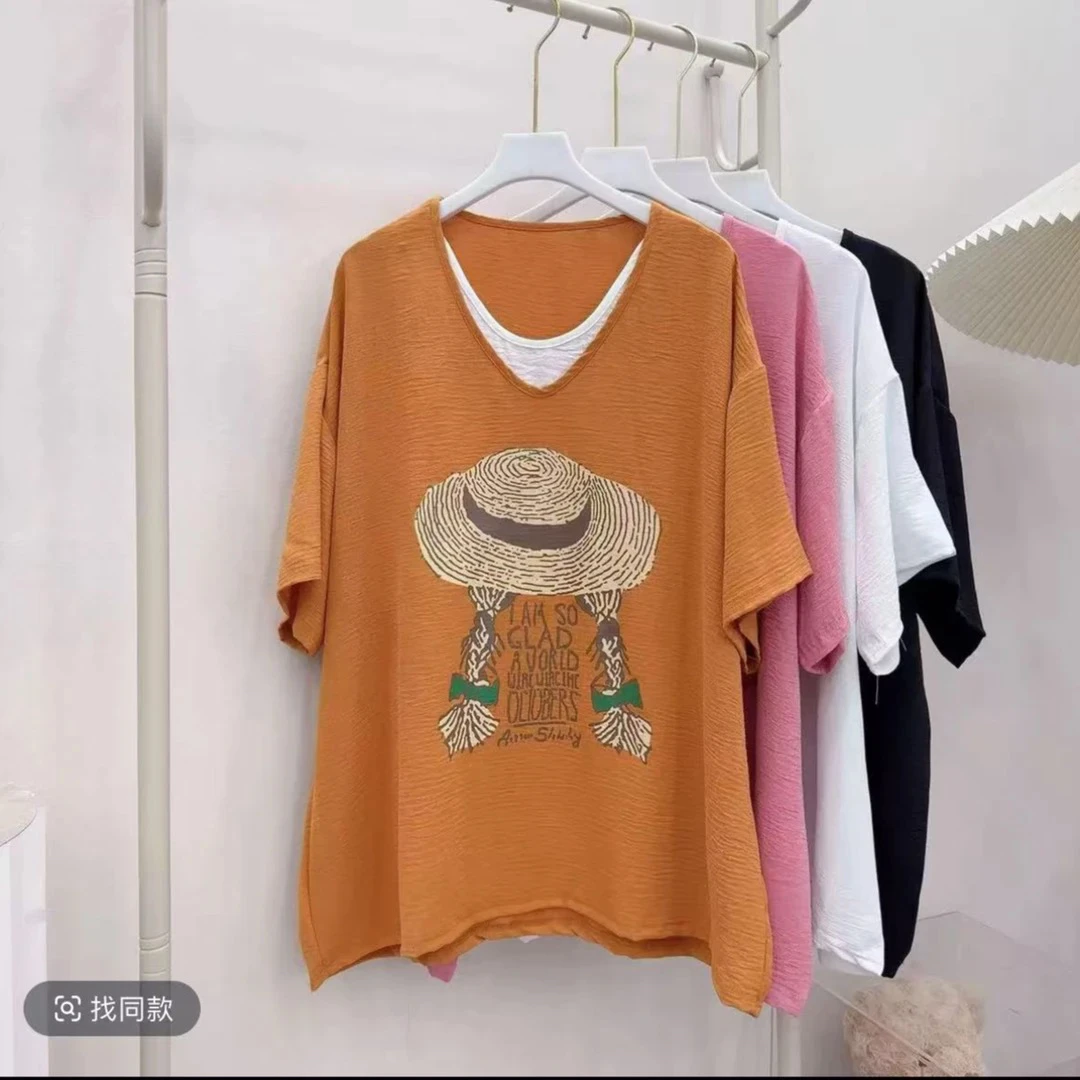 7053大码宽松假两件短袖T恤感小众印花上衣显瘦女装