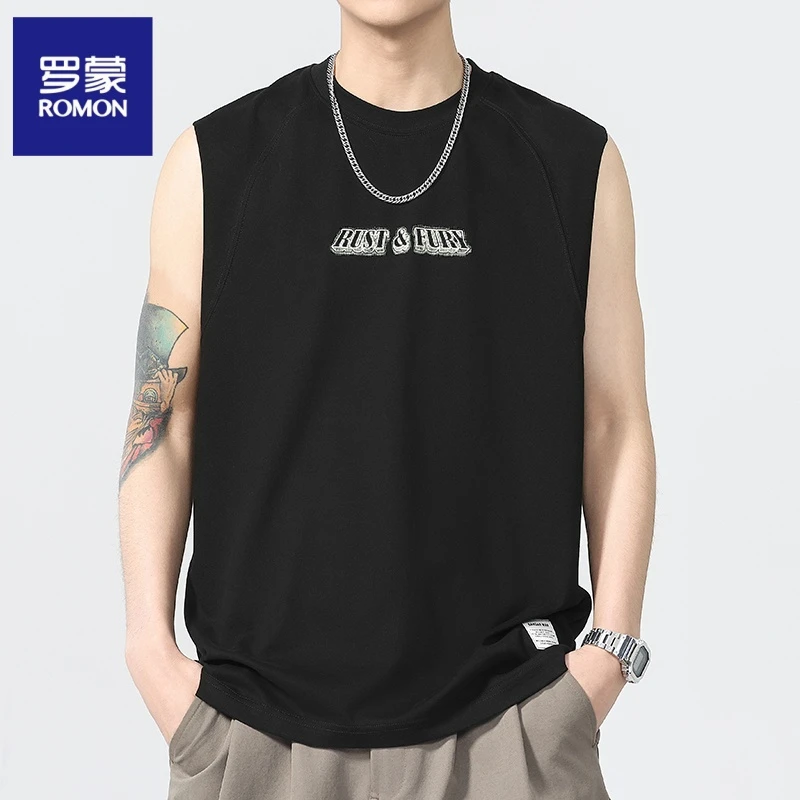 罗蒙英文字母纯棉美式运动背心男款无袖T恤