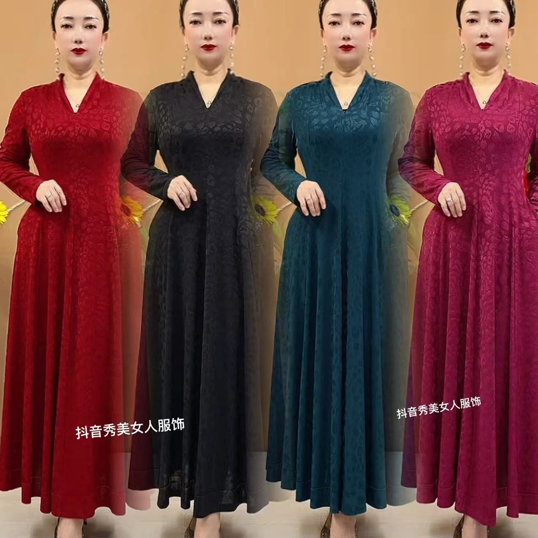 春装新款纯色弹力大摆遮肚显瘦中年妈妈过膝长款连衣裙8511