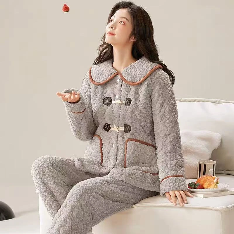 【K137】精品翻领盘扣贵妇款三层夹棉秋冬加厚长袖长裤