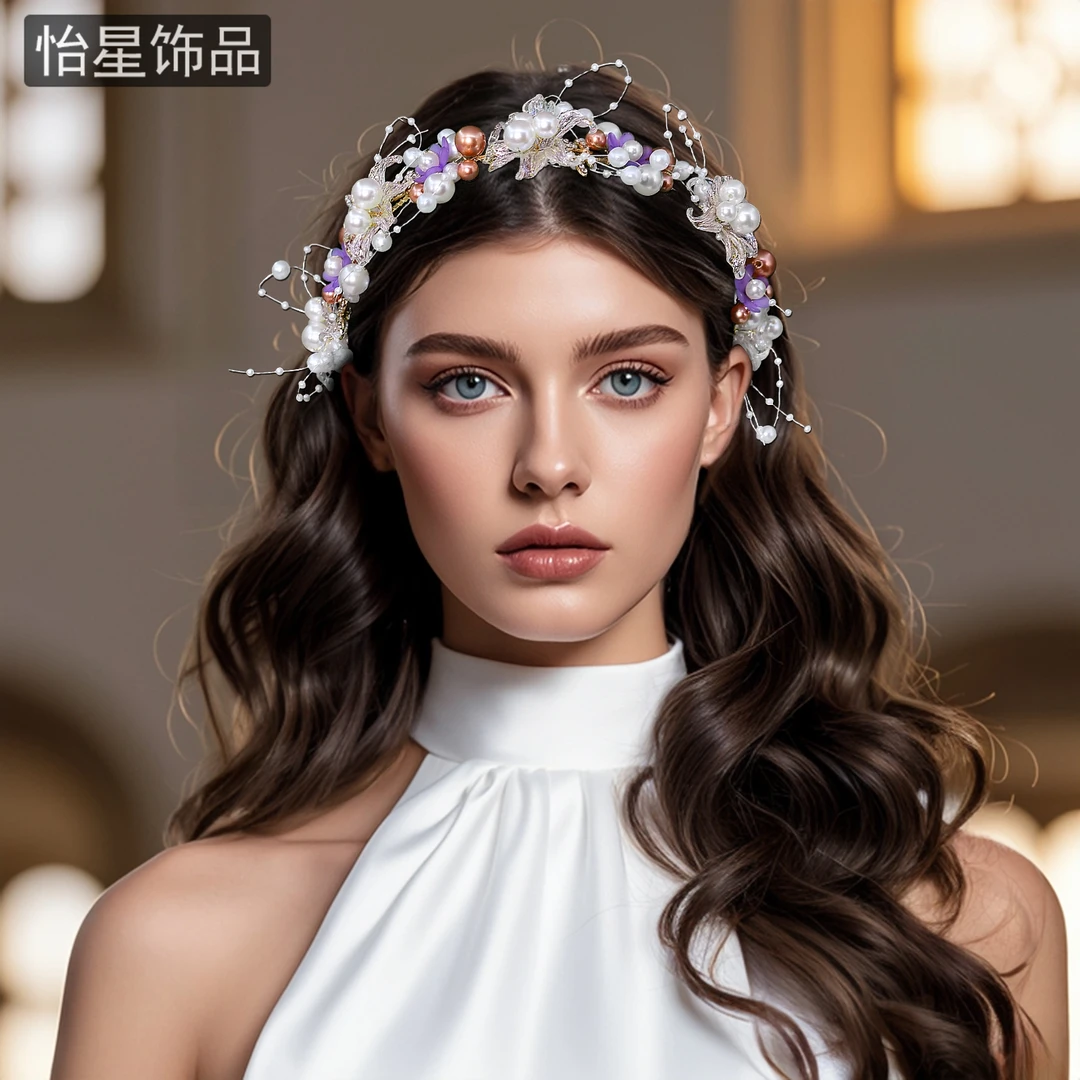 怡星森系超仙珍珠花朵发箍新款减龄梦幻手工发带婚纱旅拍头饰A392